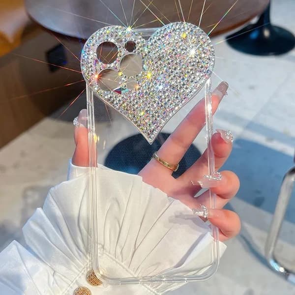 Ylellinen matkapuhelinkotelo iPhone 14 Pro Max Bling Bling Crystal Diamond Heart läpinäkyvä