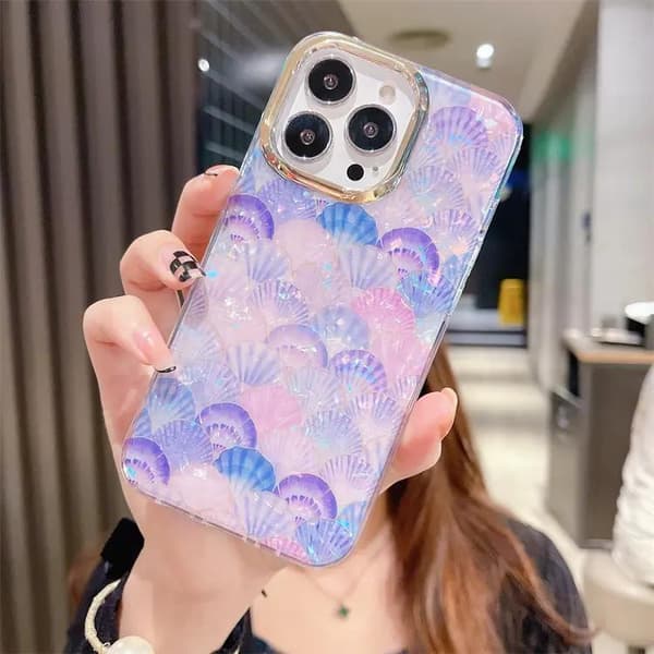 Luksus Designer Case iPhone 14 Plus Mobil Case Mother of Pearl Shells Lilla Pink Blå