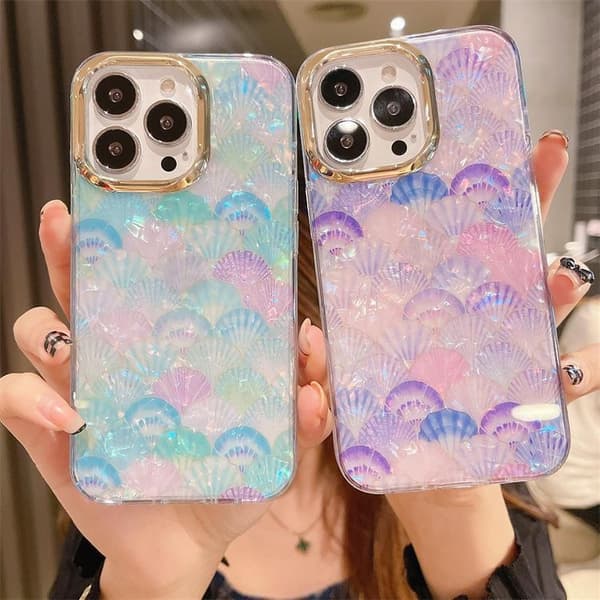 Lyxigt Designer-skal Mobilskal för iPhone 14 Pro Max pärlemor snäckor lila rosa blå