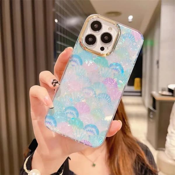 Lyxigt Designer-skal Mobilskal för iPhone 14 Pro Max pärlemor snäckor lila rosa blå