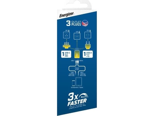 Energizer Ultimate - Multiplug EU / UK / US 38W PD + QC3.0 vegglader (sølv)