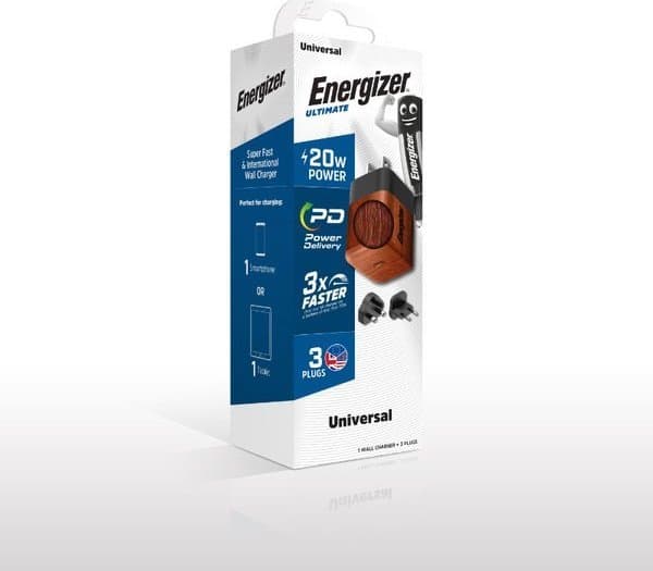 Energizer Ultimate - Multiplug EU / UK / US GaN 20W PD vegglader (valnøtt)