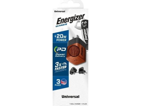 Energizer Ultimate - Multiplug EU / UK / US GaN 20W PD vegglader (valnøtt)