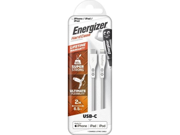 Energizer HardCase - USB-C till Lightning anslutningskabel MFi certifierad 2m (Vit)