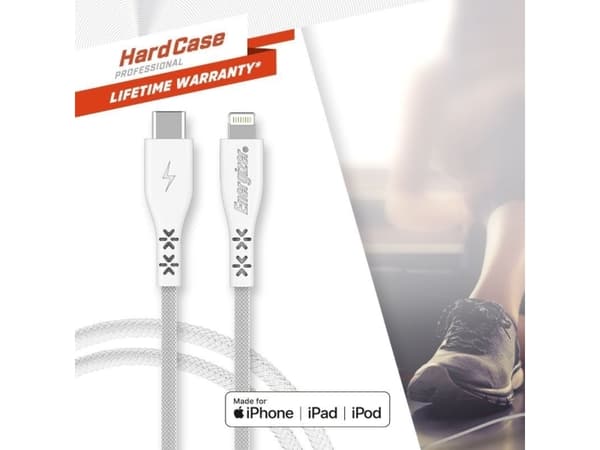 Energizer HardCase - USB-C till Lightning anslutningskabel MFi certifierad 2m (Vit)
