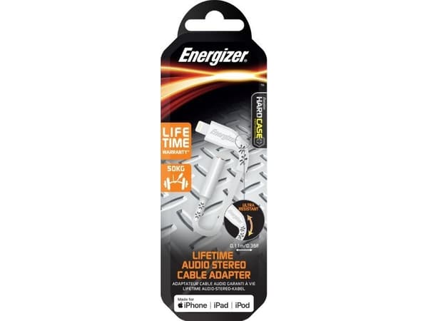Energizer HardCase - Lyn til 3,5 mm jack-lydadapter MFi 11 cm ROW-sertifisert (hvit)