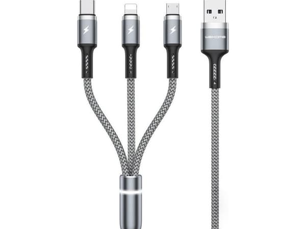 WEKOME WDC-119 Fython-serien - 3-i-1 USB-A til Lightning + USB-C + Micro USB PD-tilkoblingskabel 1,2 m (sølv)