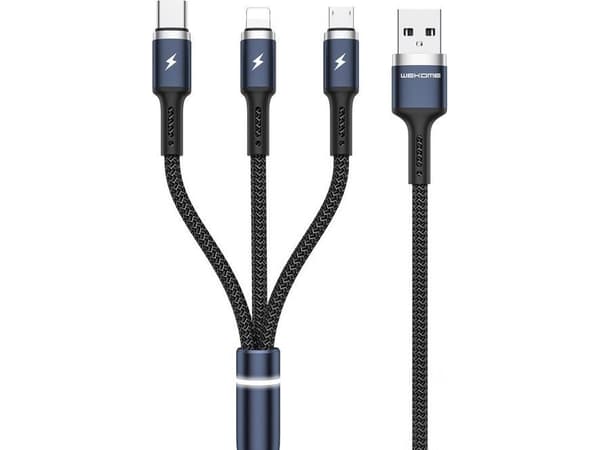 WEKOME WDC-119 Fython-serien - 3-i-1 USB-A til Lightning + USB-C + Micro USB PD-tilkoblingskabel 1,2 m (svart)