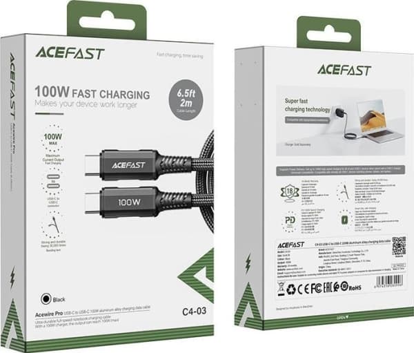 Acefast USB typ C - USB typ C-kabel 2m, 100W (20V/5A) svart (C4-03 Svart)