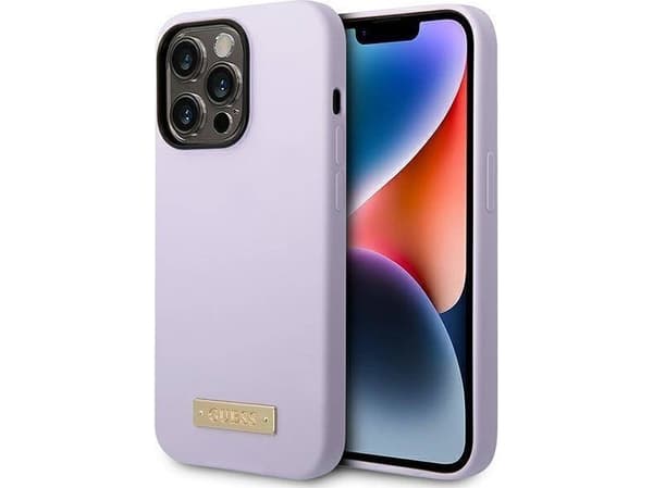 Guess telefondeksel iPhone 14 Pro 6.1 GUHMP14LSBPLU lilla hardt telefondeksel Flytende silikonlogo MagSafe