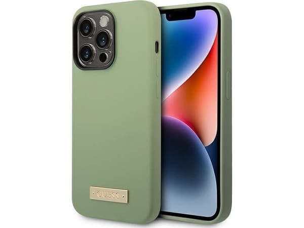Guess Kotelo iPhone 14 Pro Max 6,7" GUHMP14XSBPLA khaki Kova kotelo nestemäinen silikoni Logo MagSafe
