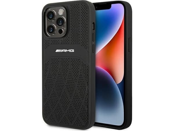 Mercedes AMG AMHMP14XOSDBK iPhone 14 Pro Max 6,7" musta/musta kova kotelo, nahka kaarevat linjat MagSafe