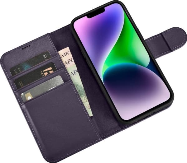 iCarer Plånboksfodral 2in1 iPhone 14 läderfodral med Anti-RFID-flik mörklila (WMI14220725-DP)