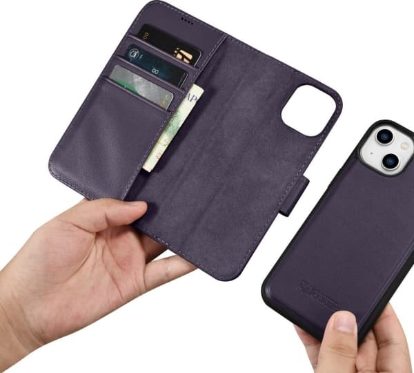 iCarer Plånboksfodral 2in1 iPhone 14 läderfodral med Anti-RFID-flik mörklila (WMI14220725-DP)