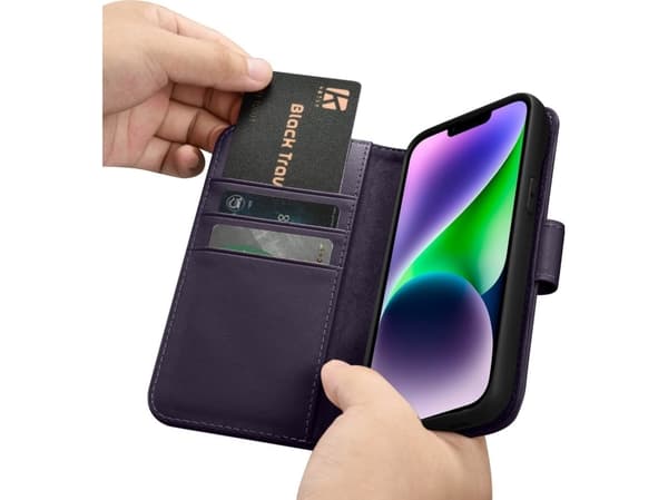iCarer Plånboksfodral 2in1 iPhone 14 läderfodral med Anti-RFID-flik mörklila (WMI14220725-DP)