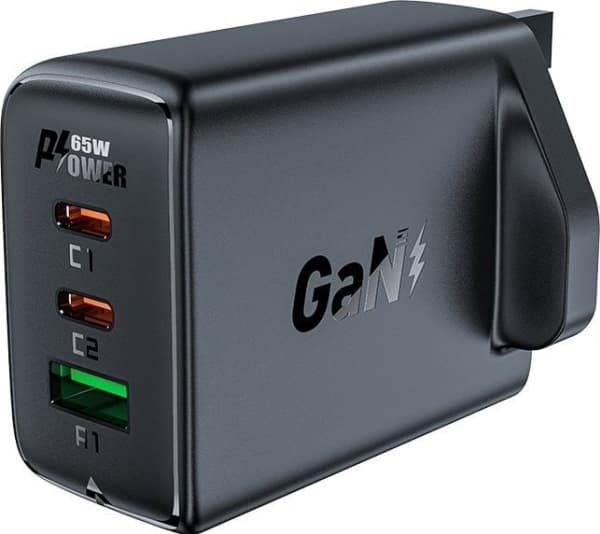 Acefast laturi GaN 65W 3 porttia (1xUSB, 2xUSB C PD) UK-pistoke musta (A44)