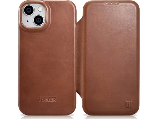 iCarer CE Oil Wax Premium Leather Folio Case iPhone 14 Plus Leather Flip Case Magnetic MagSafe Brown (AKI14220707-BN)