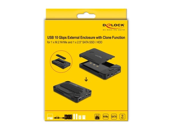Delock USB Type-C -kotelo 1 x M.2 NVMe SSD:lle + 1 x 2,5 tuuman SATA SSD / HDD kloonitoiminnolla