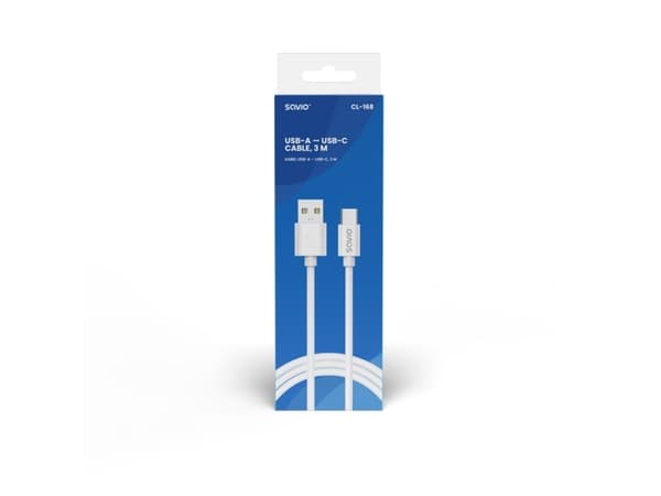 Savio USB cable 2 m USB 2.0 USB A - USB C White CL-168, 3 m, USB C, USB A, USB 2.0, 0,48 Gbit/s, Hvit