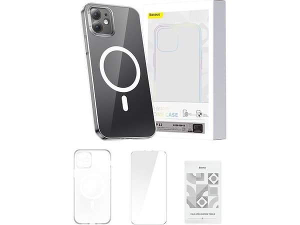Baseus Magnetic Crystal Clear protective case for iPhone 12 (transparent) + tempered glass + cleaning kit