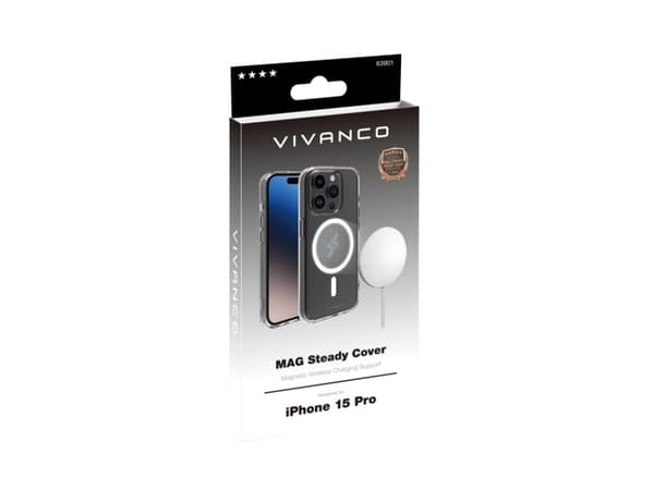 Vivanco Mag Steady Anti Shock Cover, Magnetic Wireless Charging Support for iPhone 15 Pro, Cover, Apple, iPhone 15 Pro, 15.5 cm (6.1"), Transparent
