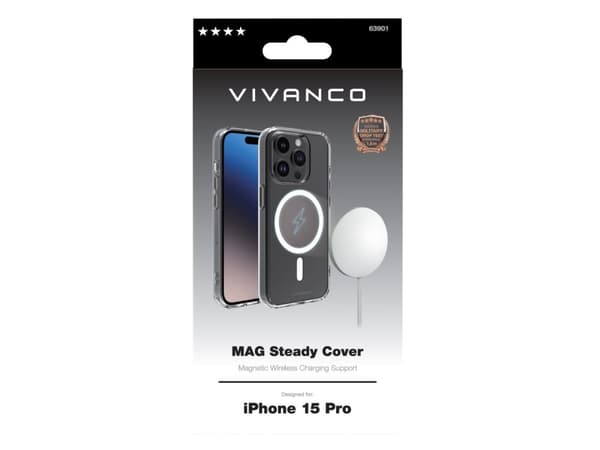 Vivanco Mag Steady Anti Shock Cover, Magnetic Wireless Charging Support for iPhone 15 Pro, Cover, Apple, iPhone 15 Pro, 15.5 cm (6.1"), Transparent