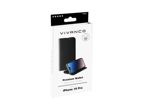 Vivanco Premium Wallet, Lommebok-etui, Apple, iPhone 15 Pro, 15,5 cm (6.1"), Sort