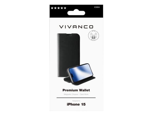 Vivanco Premium Wallet, Lommebok-etui, Apple, iPhone 15, 15,5 cm (6.1"), Sort