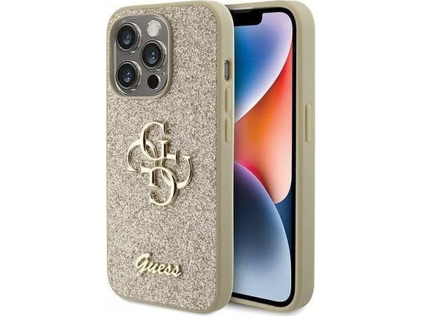 Originalt frontpaneldeksel GUESS GUHCP15LHG4SGD for iPhone 15 PRO (fast Glitter Big 4G / Gull)