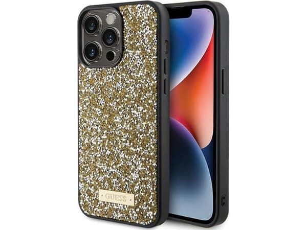 Apple iPhone 15 Pro Guess dėklas Rhinestone Metal Logo (GUHCP15LPFGSBSD) geltonos spalvos