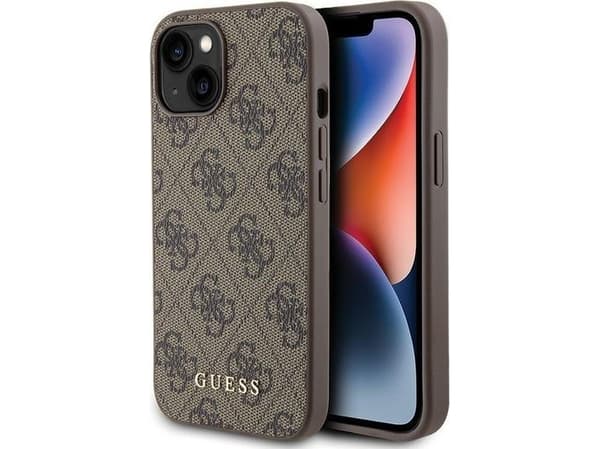 Originalt GUESS GUHCP15SG4GFBR frontpaneldeksel for iPhone 15 (4G metalllogo/brun)