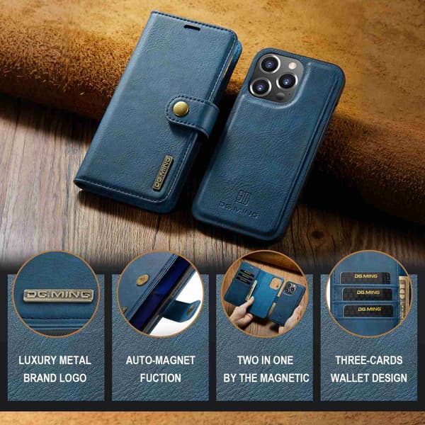 DG.MING 2-in-1 Magnet Wallet iPhone 15 Pro Max Blue