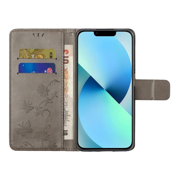 Läderfodral Fjärilar iPhone 15 Grå