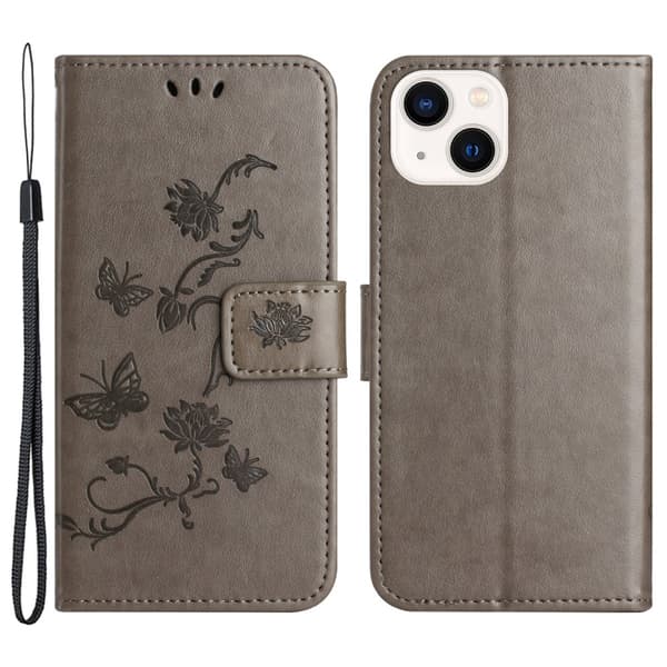 Läderfodral Fjärilar iPhone 15 Grå