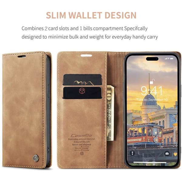 CASEME Retro Lompakkokotelo iPhone 15 Prolle - Ruskea