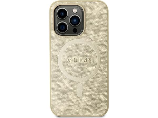 Guess GUHMP15MPSAHMCB iPhone 15 Plus 6.7" Gold/Gold kova kotelo Saffiano MagSafe Saffiano