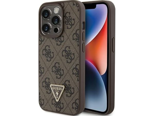 Guess GUHCP15LP4TDPW iPhone 15 Pro 6.1" rudas/rudas kietas dėklas Odinis 4G Triangle Strass (kolmio)
