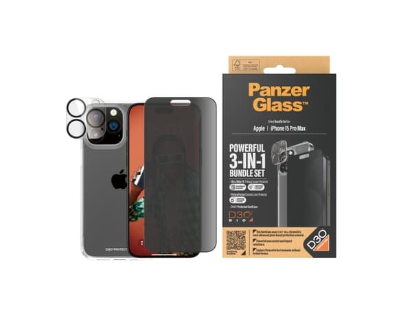 PanzerGlass Privacy 3-in-1-Pack iPhone 2023 6.7 Pro Max, Apple, Apple - iPhone 15 Pro Max, Asennus kuivana, Iskunkestävä, Läpinäkyvä, 1 kpl