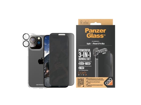PanzerGlass Privacy 3-in-1-Pack iPhone 2023 6.7 Pro Max, Apple, Apple - iPhone 15 Pro Max, Asennus kuivana, Iskunkestävä, Läpinäkyvä, 1 kpl