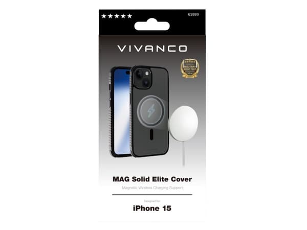 Vivanco Mag Solid Elite, Omslag, Apple, iPhone 15, 15,5 cm (6.1"), Svart, Transparent