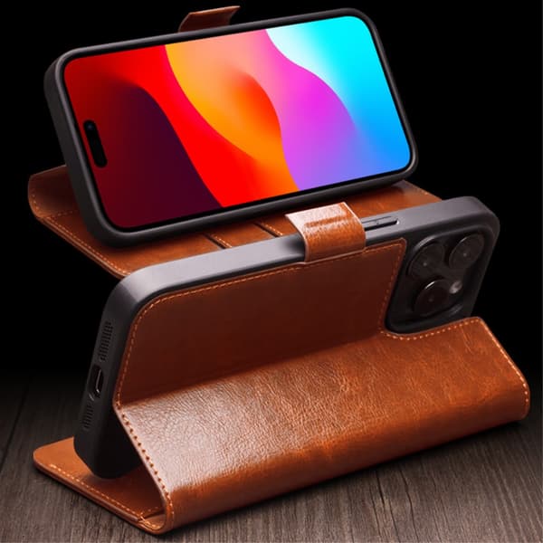 Qialino Leather Wallet Case iPhone 15 Pro Max Cognac