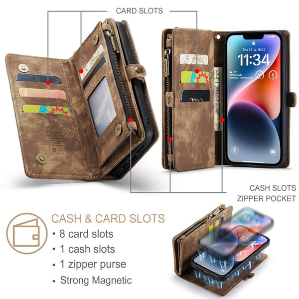 CaseMe Multi-Slot 2 i 1 Plånboksfodral iPhone 15 Plus Brun