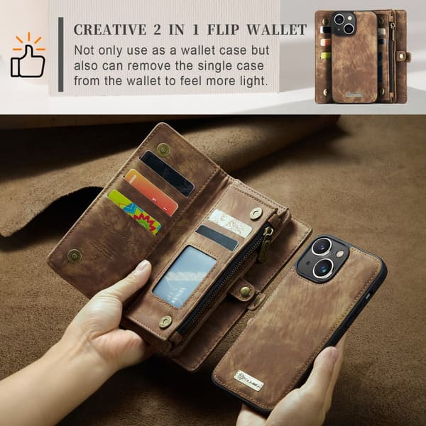 CaseMe Multi-Slot 2 i 1 Plånboksfodral iPhone 15 Plus Brun