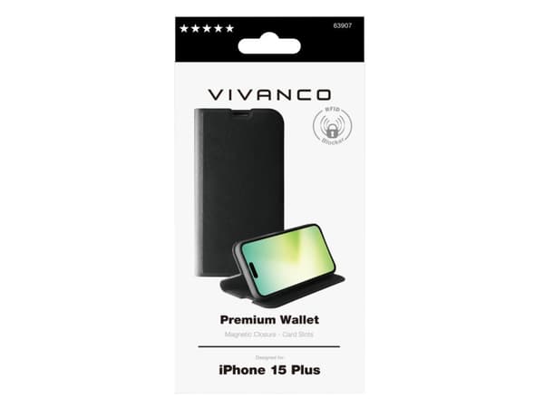Vivanco Premium Wallet, Plånbok, Apple, iPhone 15 Plus, 17 cm (6.7"), Svart