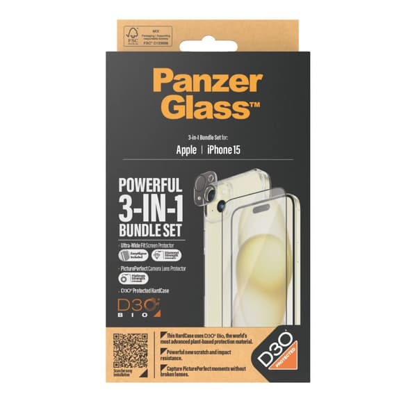 PanzerGlass™ | 3-i-1 beskyttelsespakke | Apple iPhone 15