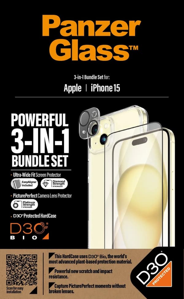 PanzerGlass™ | 3-i-1 beskyttelsespakke | Apple iPhone 15