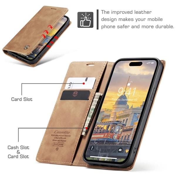 CASEME Retro Lompakkokotelo iPhone 15 Pro Max - Ruskea