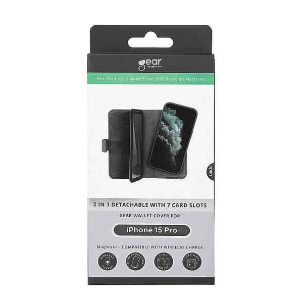 Gear Mobile-kotelo 2-in-1 7 Card MagSeries Musta iPhone 15 Prolle