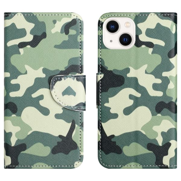 Til iPhone 15 tegnebogstativetui mønstertelefoncover - Camouflage