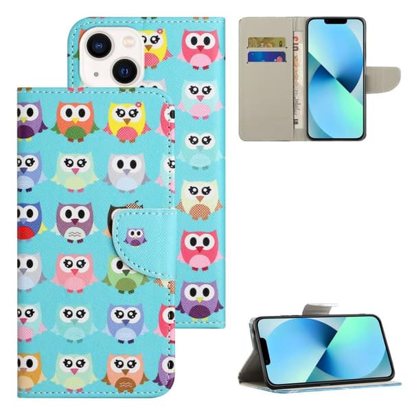 Til iPhone 15 tegnebogstativetui mønstertelefoncover - ugler